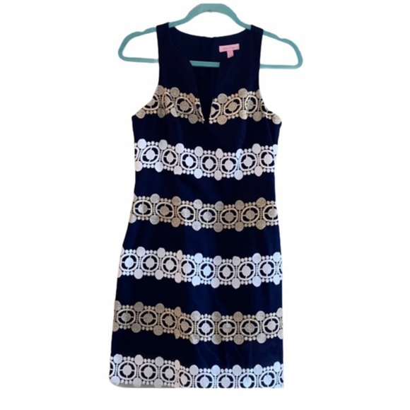 Lilly Pulitzer Navy & Gold Embroidered Lace Shift Dress Size 0 Excellent Cond. - Picture 4 of 16